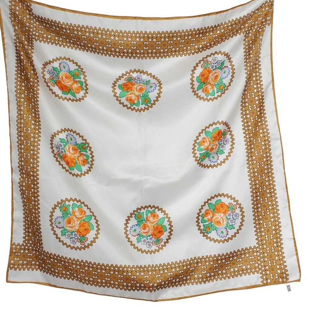 Vintage 60s Scarf Square Satin Floral Orange White 27"